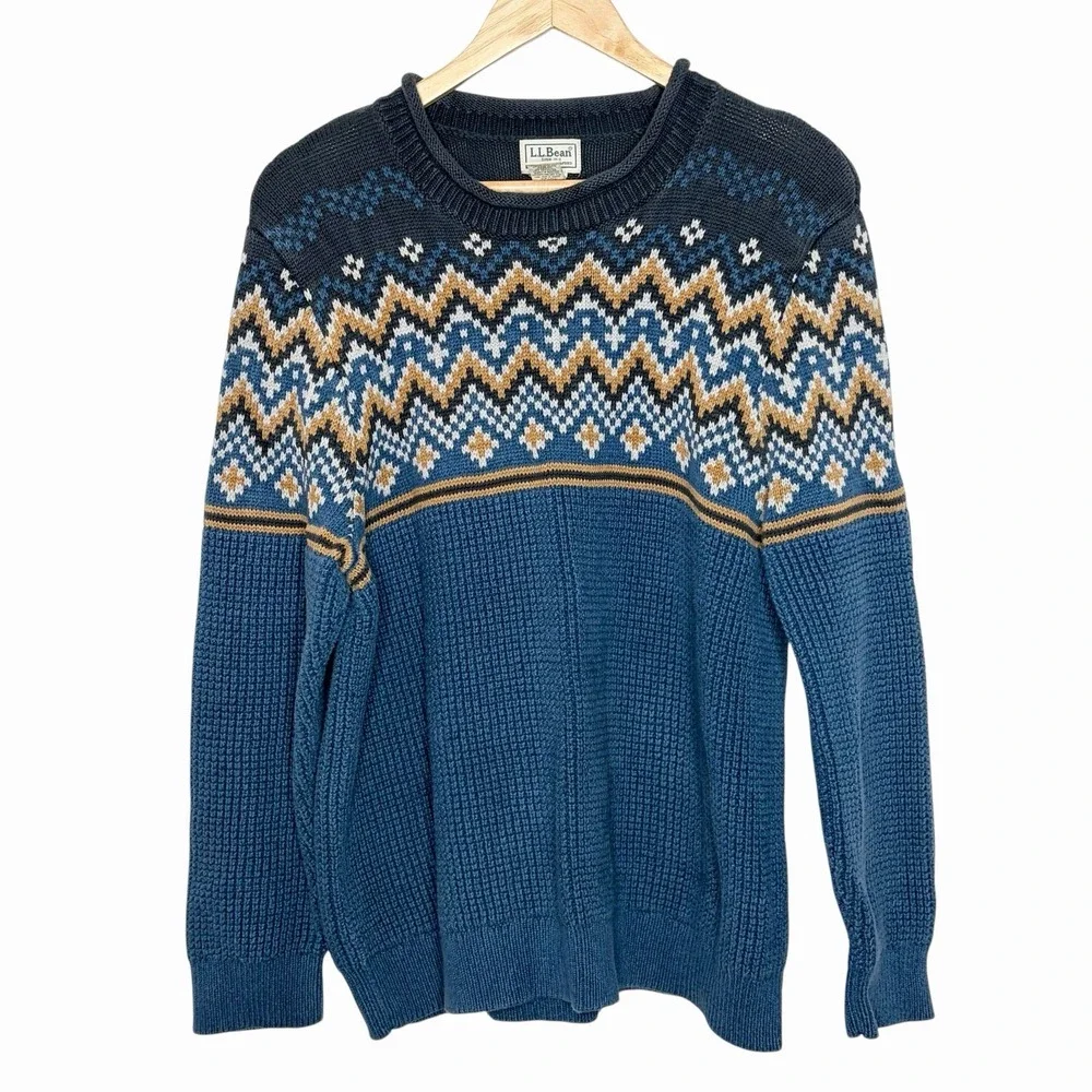 LL Bean Roll Neck Fair Isle Fisherman Sweater Mens Size XL Nordic Blue Chunky